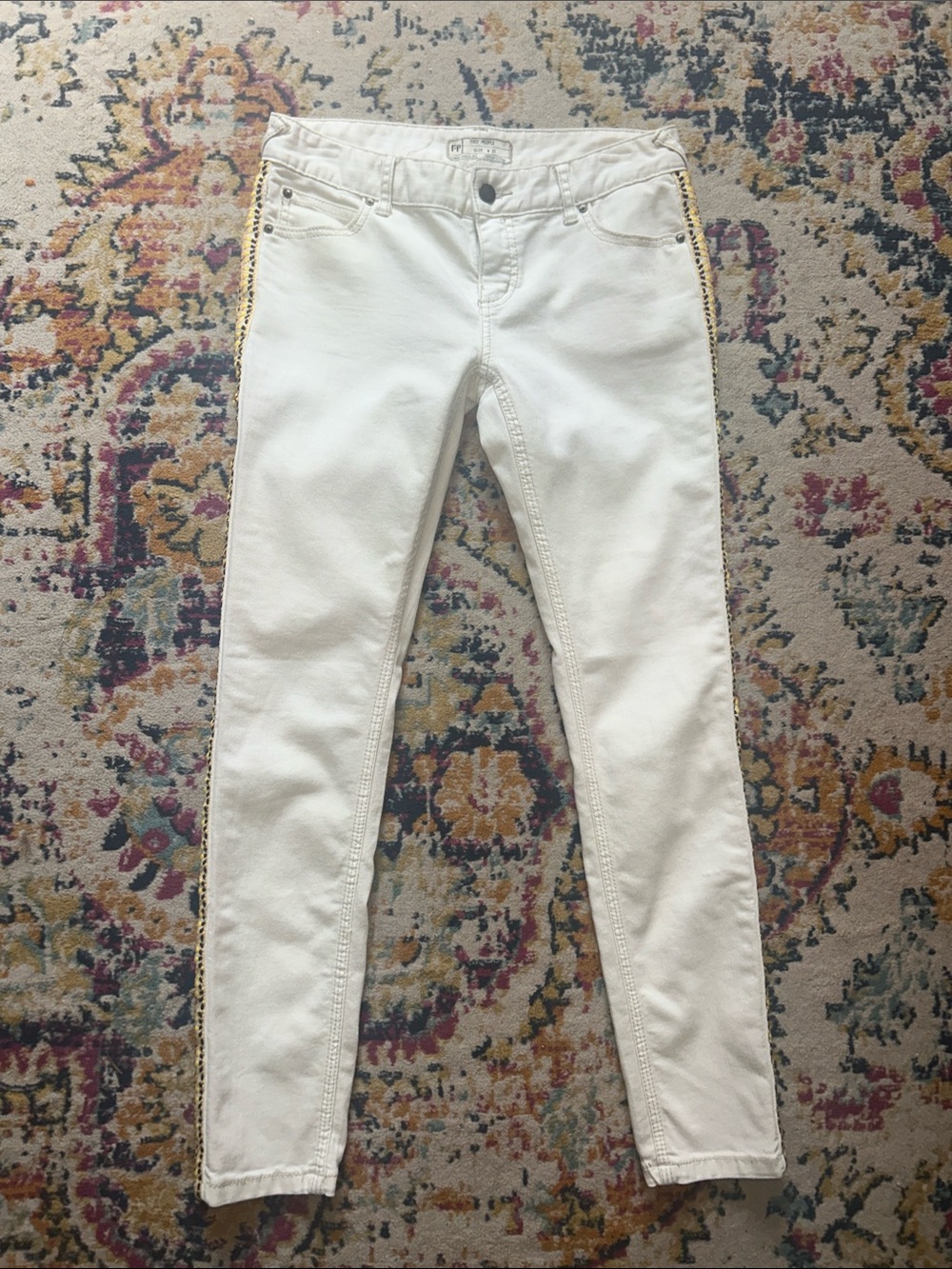 Free People Cream Skinny Jeans with Native American embroidered sides